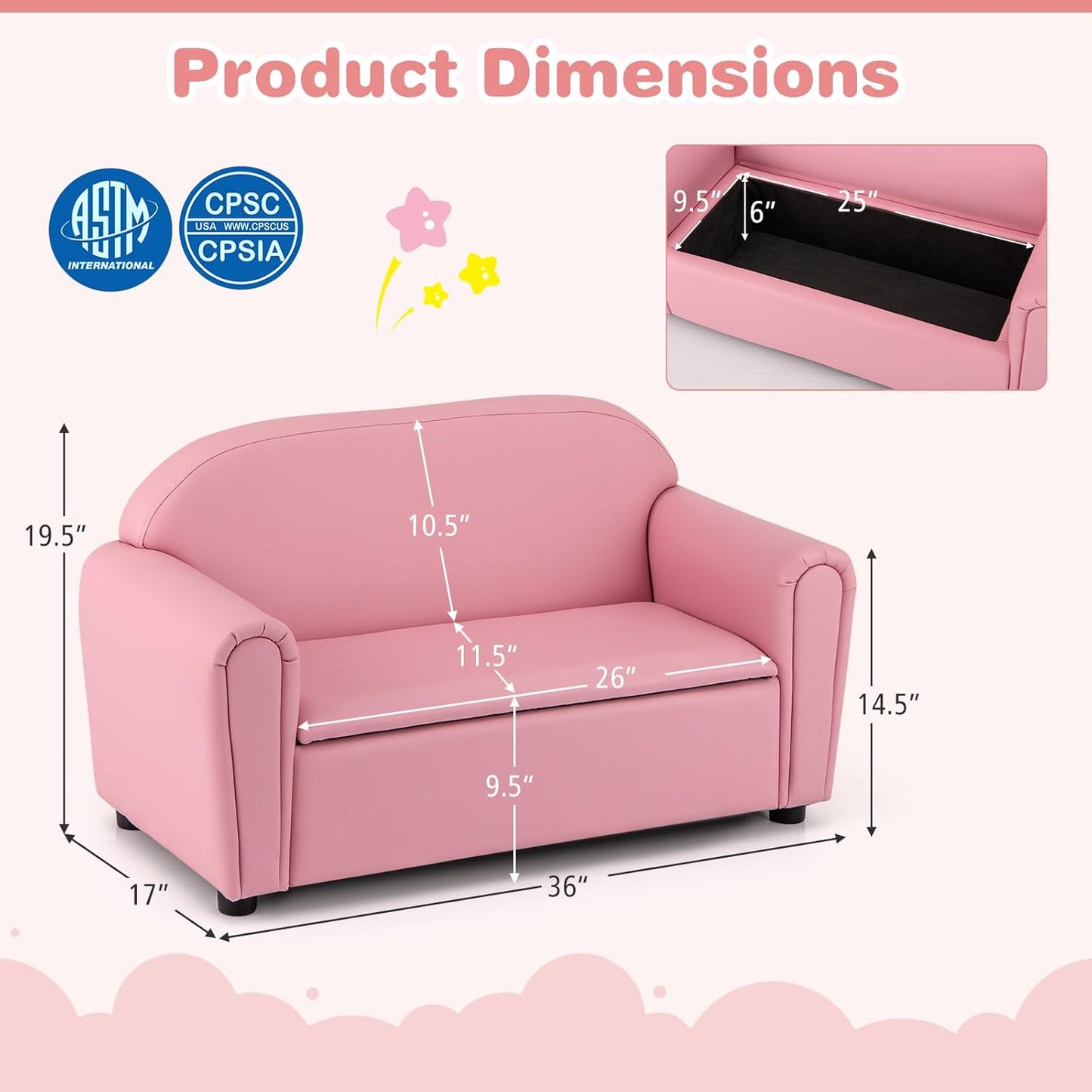 Costzon Kids Couch, 2 in 1 Double Seat Children's Sofa w/Under Seat Storage, PU Leather Surface, Toddler Armrest Chair, Kids Room, Soft Children Pink Sofa with Storage for Preschool Baby Girls Gifts
