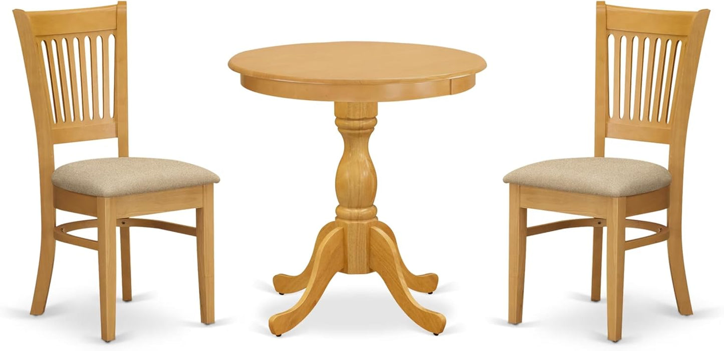 East West Furniture ESVA3-OAK-C 3 Piece Dining Table Set for Small Spaces Contains a Round Dining Room Table with Pedestal and 2 Linen Fabric Upholstered Chairs, 30x30 Inch, Oak
