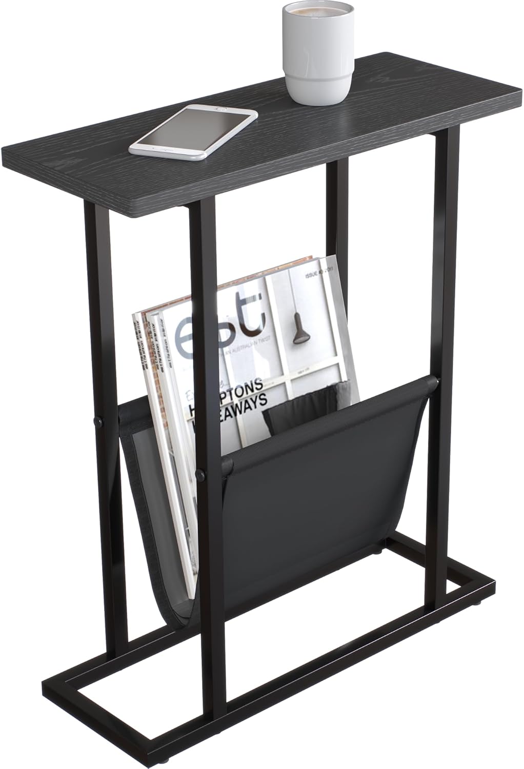 Yusong Narrow Side Table for Small Spaces, Small End Table with Magazine Holder, Skinny Slim Little Thin Table for Living Room, Bedroom, Sofa, Black Oak