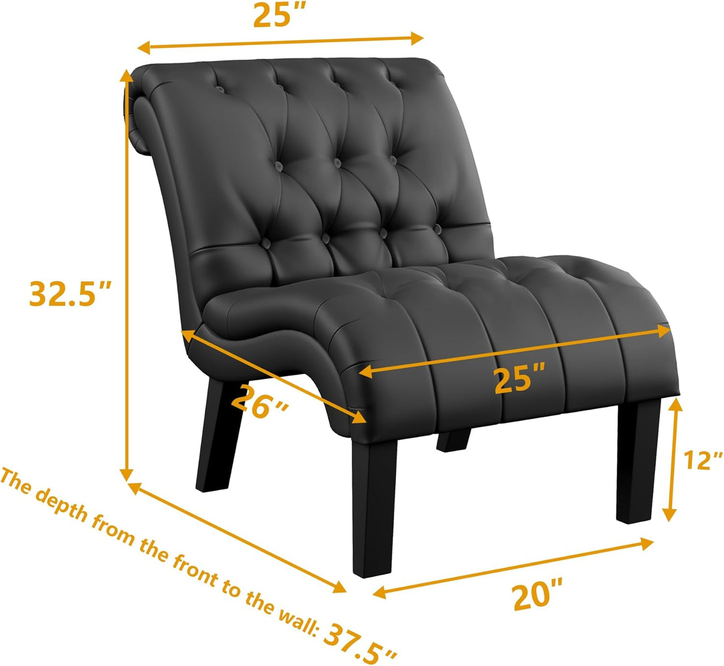 Yongqiang Black Faux Leather Accent Chair Modern Button Tufted Upholstered Armless Chair for Bedroom Living Room with Wood Legs