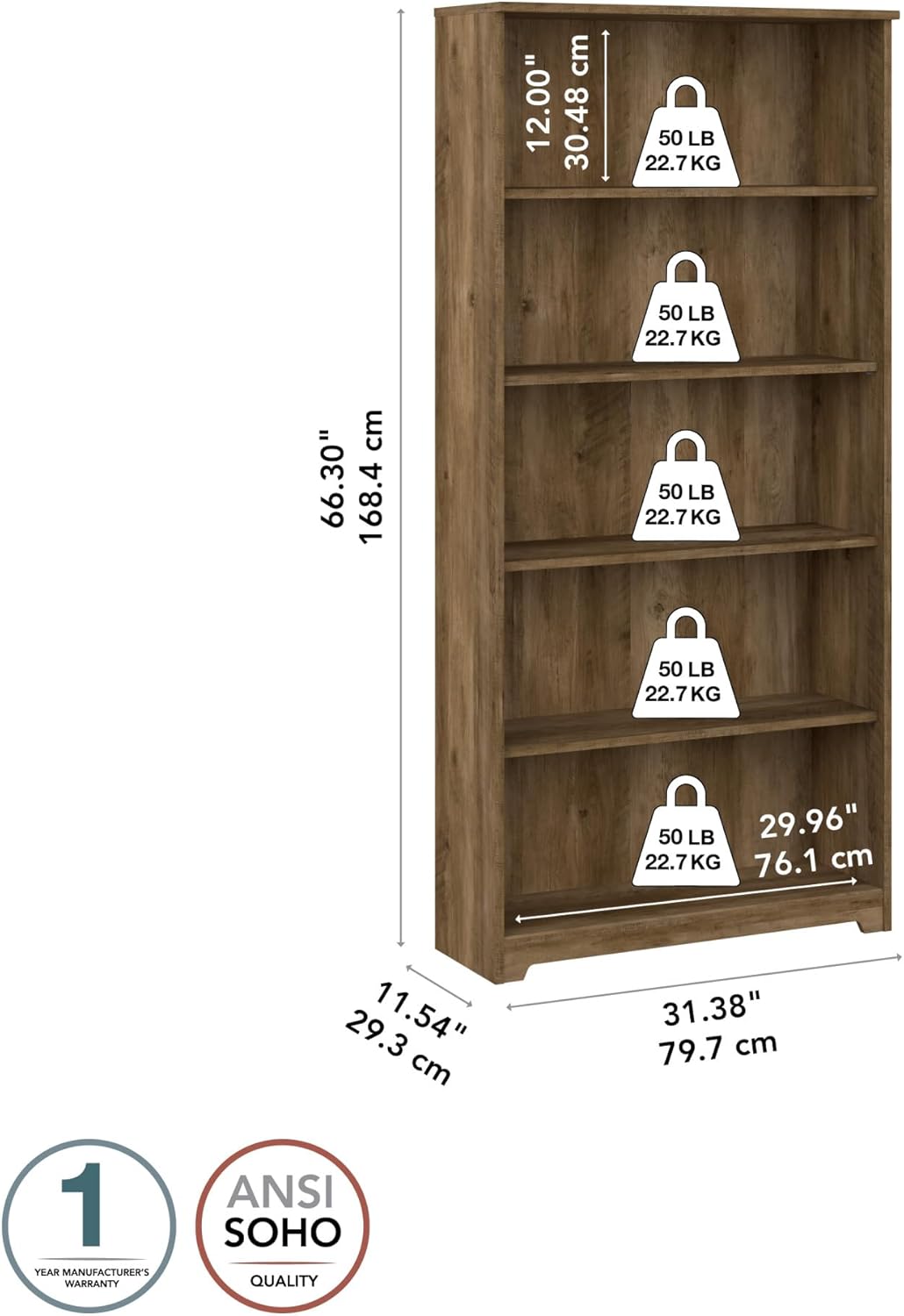 Bush Furniture Tall 5 Shelf Bookcase, Large Open Bookshelf, Sturdy Display Cabinet for Living Room or Home Office, Cabot Collection, Reclaimed Pine