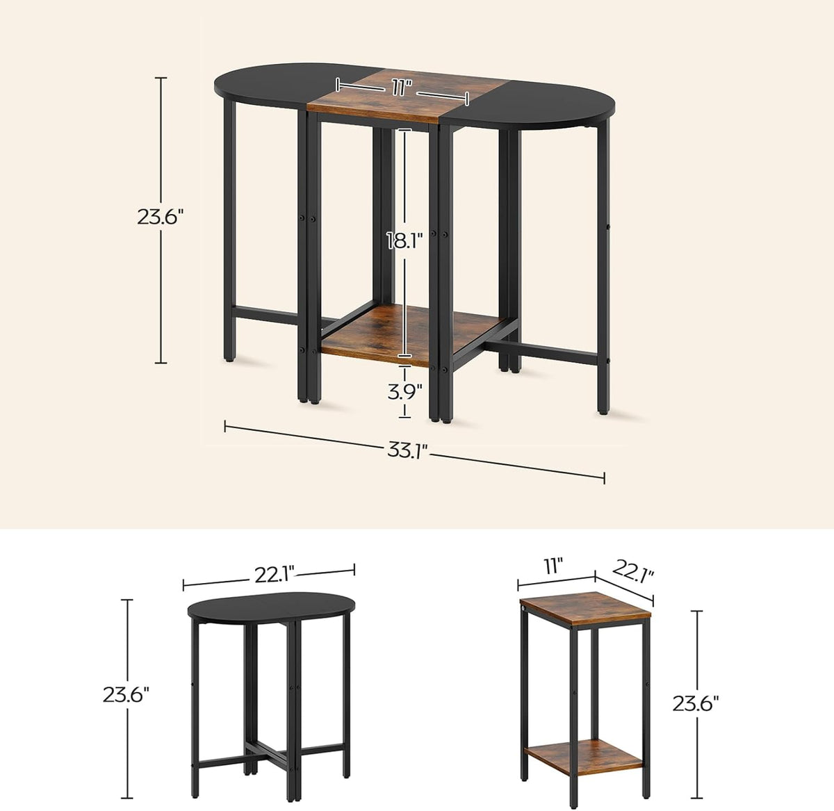 Small Side End Table, Nesting Side Table for Living Room, 2-Tier Nesting Side Table for Small Space, Wooden Sofe Tables Set of 3, Half Round End Table for Couch, Office, Brown and Black ET33BR