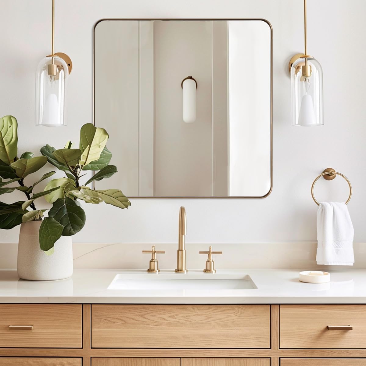 ANDY STAR Gold Bathroom Mirrors for Over Sink, 30x30 InchBrushed Gold Wall Mirror, Rectangular Metal Framed Vanity Mirror -Modern Clean Design with Superior Stainless Steel Frame
