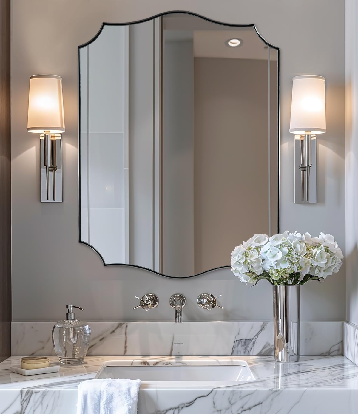 ANDY STAR Chrome Bathroom Mirror for Wall, 24x32 Inch Polished Chrome Mirror, Bathroom Mirror for Over Sink, Irregular Wall Mirror in Thin Stainless Steel Frame Deep 1’’, Wave Inspired Style