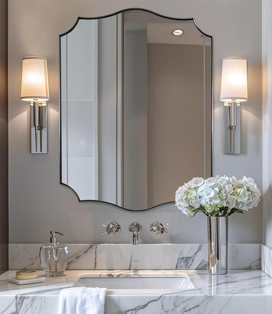 ANDY STAR Chrome Bathroom Mirror for Wall, 24x32 Inch Polished Chrome Mirror, Bathroom Mirror for Over Sink, Irregular Wall Mirror in Thin Stainless Steel Frame Deep 1’’, Wave Inspired Style