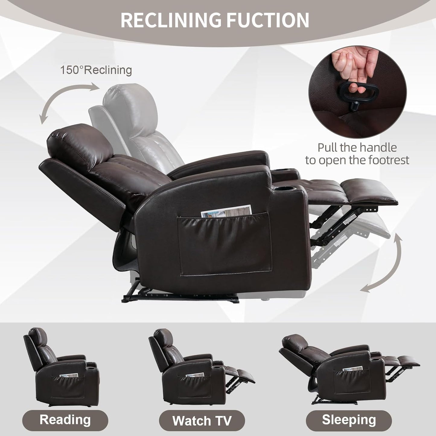 Phoenix Home Manual Recliner Chair Set of 2 with Massage and Heat, Ergonomic Overstuffed Faux Leather Recliner Single Sofa with 2 Cup Holders, Living Room Lounge Recliners on Clearance, Brown