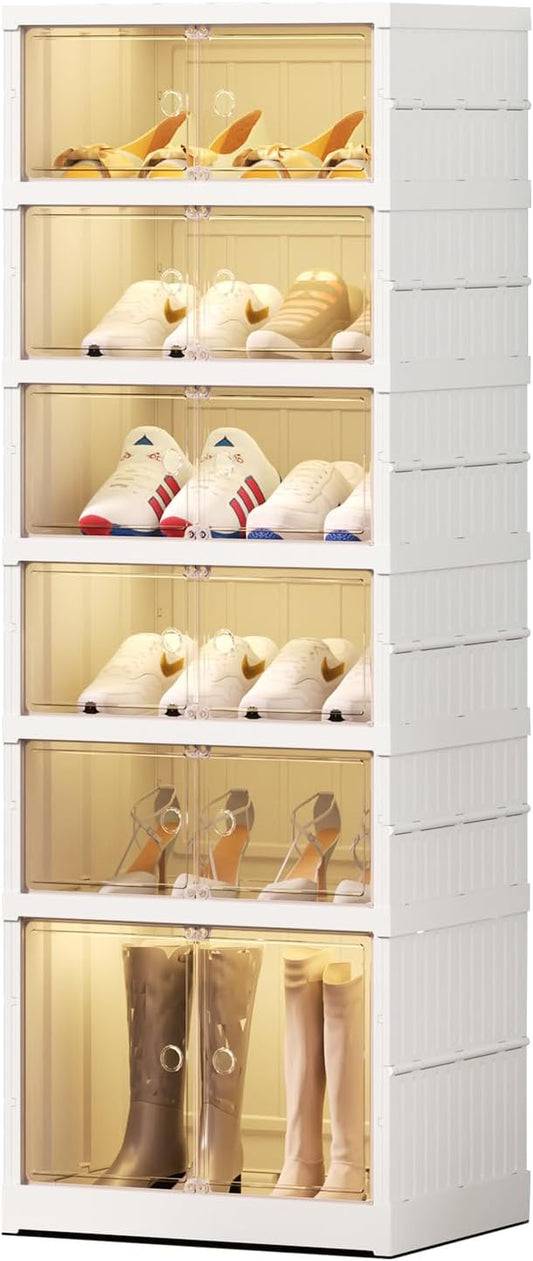 6 Tier Foldable Shoe Rack Organizer for Closet 6-12Pairs Plastic Collapsible Shoe Racks Shelf Stackable Clear Folding Shoes Storage boxes for Small Spaces Narrow Shoe Storage Cabinet