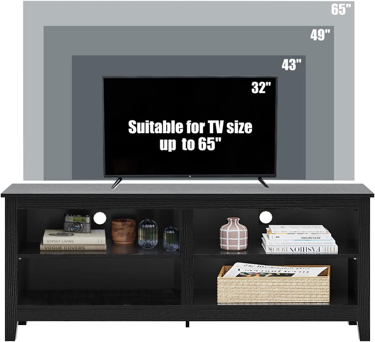 TV Stand for 65 inch TV with Storage,Modern TV Entertainment Center for Bedroom,TV Media Console Table with 4 Open Storage Shelve,55 inch Wood TV Cabinet Black