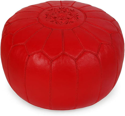 Stuffed Round Design Moroccan Leather Pouf Ottoman, Handmade, Pre-Filled, 100% Genuine Leather, 13” Height x 20” Diameter, Footstool & Living Room Décor (Red)