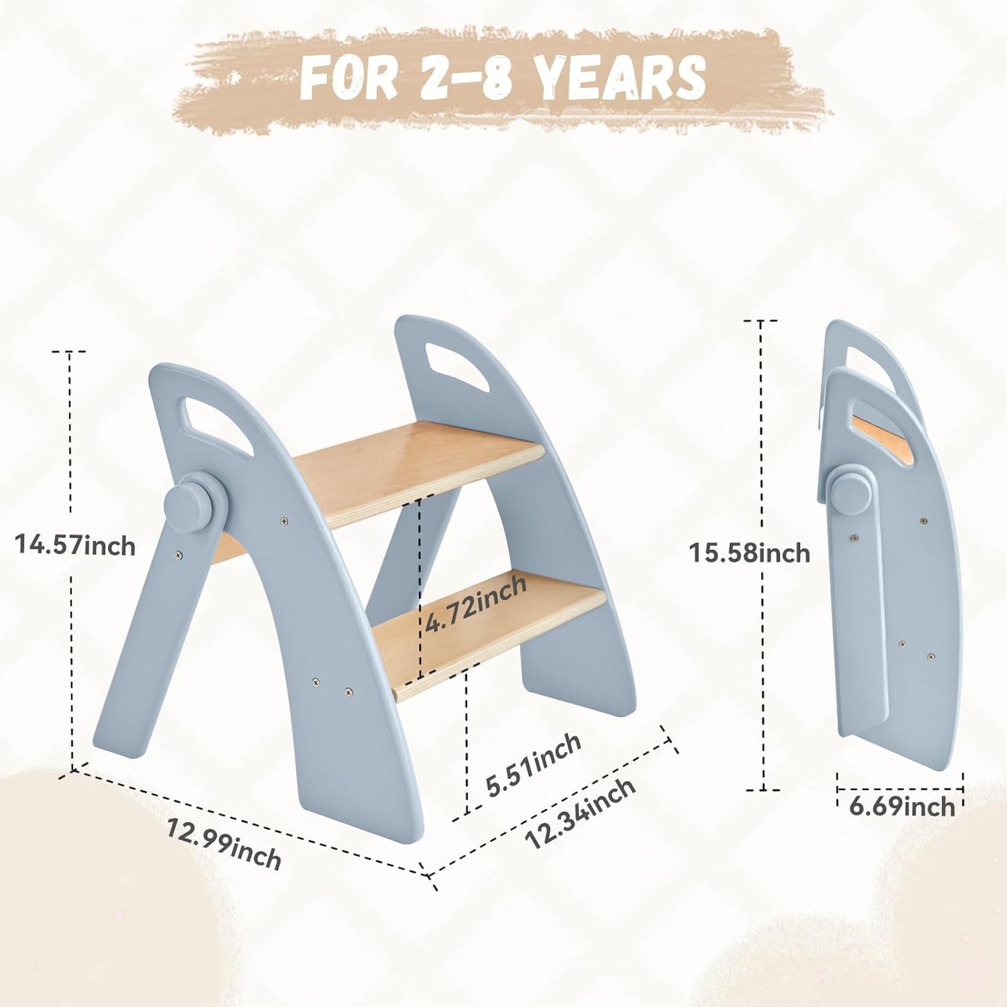 Wooden 2 Step Stool for Kids Bathroom Sink Foldable Anti-Slip 2-Step for Toilet Potty Training, Child Stepping Stool for Kitchen Nursery Bedroom, Sturdy Non Slip Adult Stool for Closet Blue