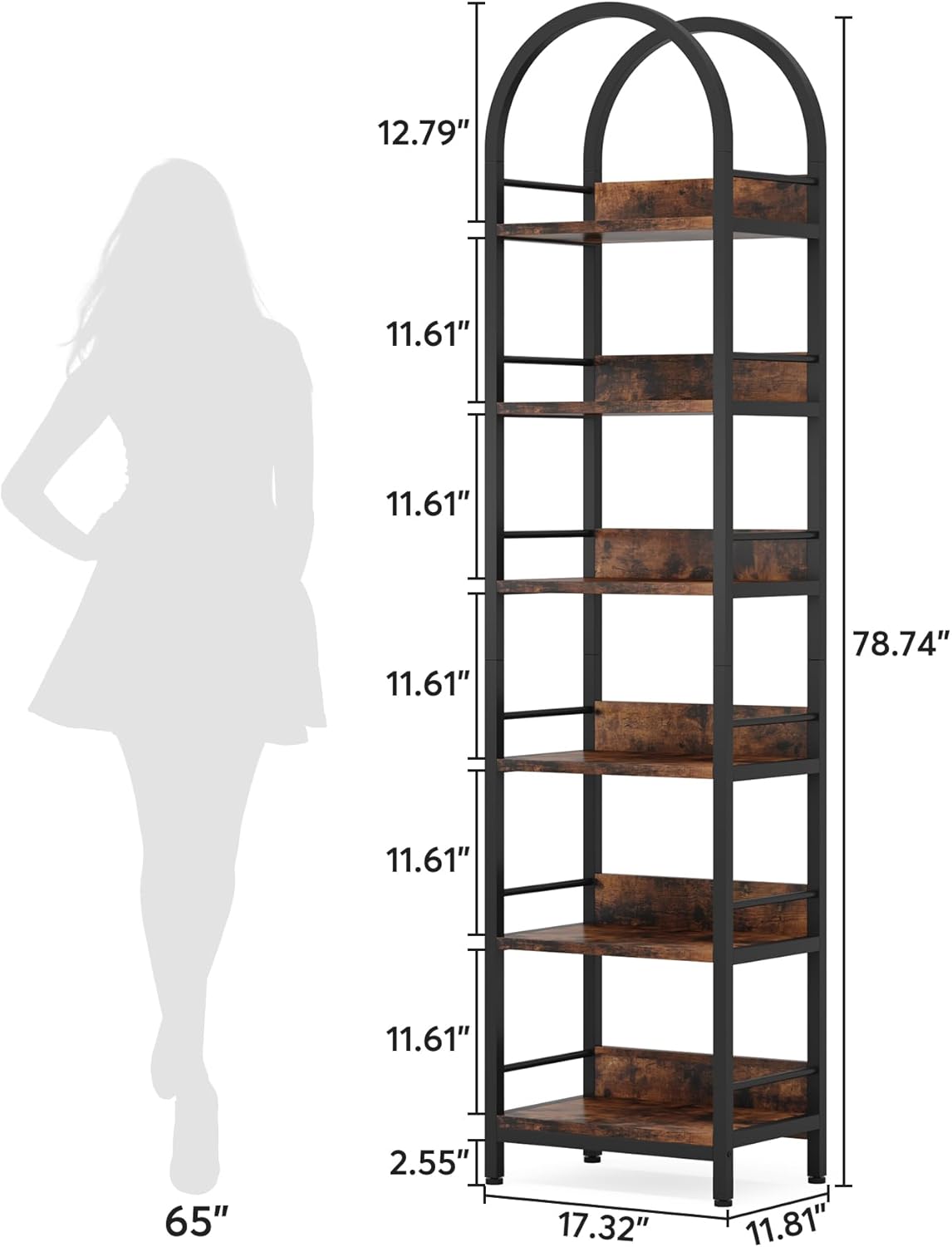 LITTLE TREE 78.7 Inches Tall Arched Bookshelf, 6 Tiers Skinny Open Bookcase with Metal Frame, Freestanding Corner Display Shelves Rack for Living Room, Home Office, Brown