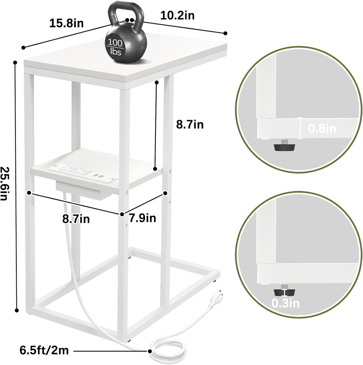 Yoobure C Shaped End Table with Charging Station, Small Side Tables for Living Room Bedroom, Sofa Table with USB Ports and Outlets for Small Spaces, Rustic Bed Side Table