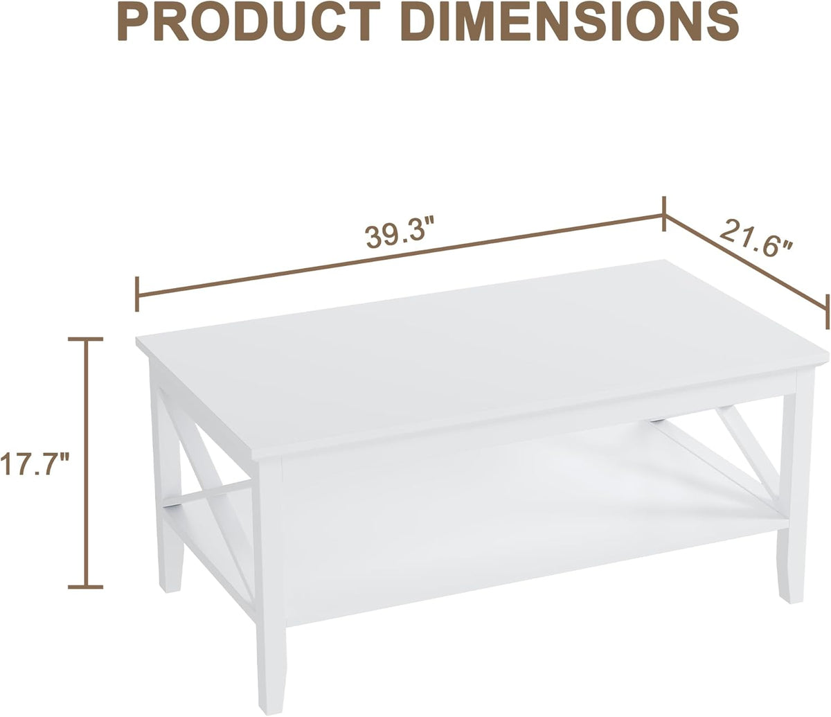 ChooChoo White Coffee Table Classic X Design for Living Room, Rectangular Modern Cocktail Table with Storage Shelf, 39 Inch