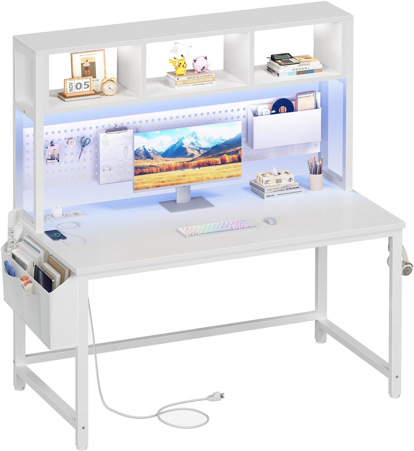 White Computer Desk with Hutch and Pegboard - Computer Desk with Power Outlets, 47 Inch Modern Study Teen Desk with Pegboard Storage Bag, Hooks and Side Bag,Writing Desk for Bedroom Home Office