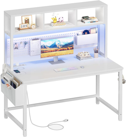 White Computer Desk with Hutch and Pegboard - Computer Desk with Power Outlets, 47 Inch Modern Study Teen Desk with Pegboard Storage Bag, Hooks and Side Bag,Writing Desk for Bedroom Home Office