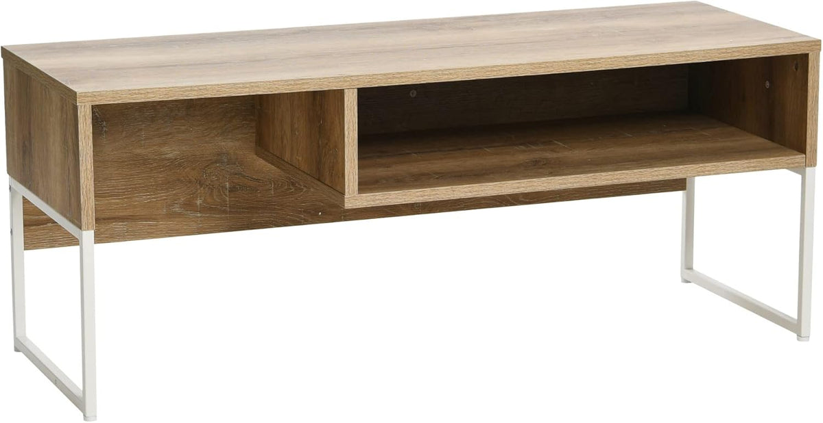 Household Essentials Wrap TV Stand with Rectangular Storage Compartment Coastal Oak Rustic Wood Grain and White Metal