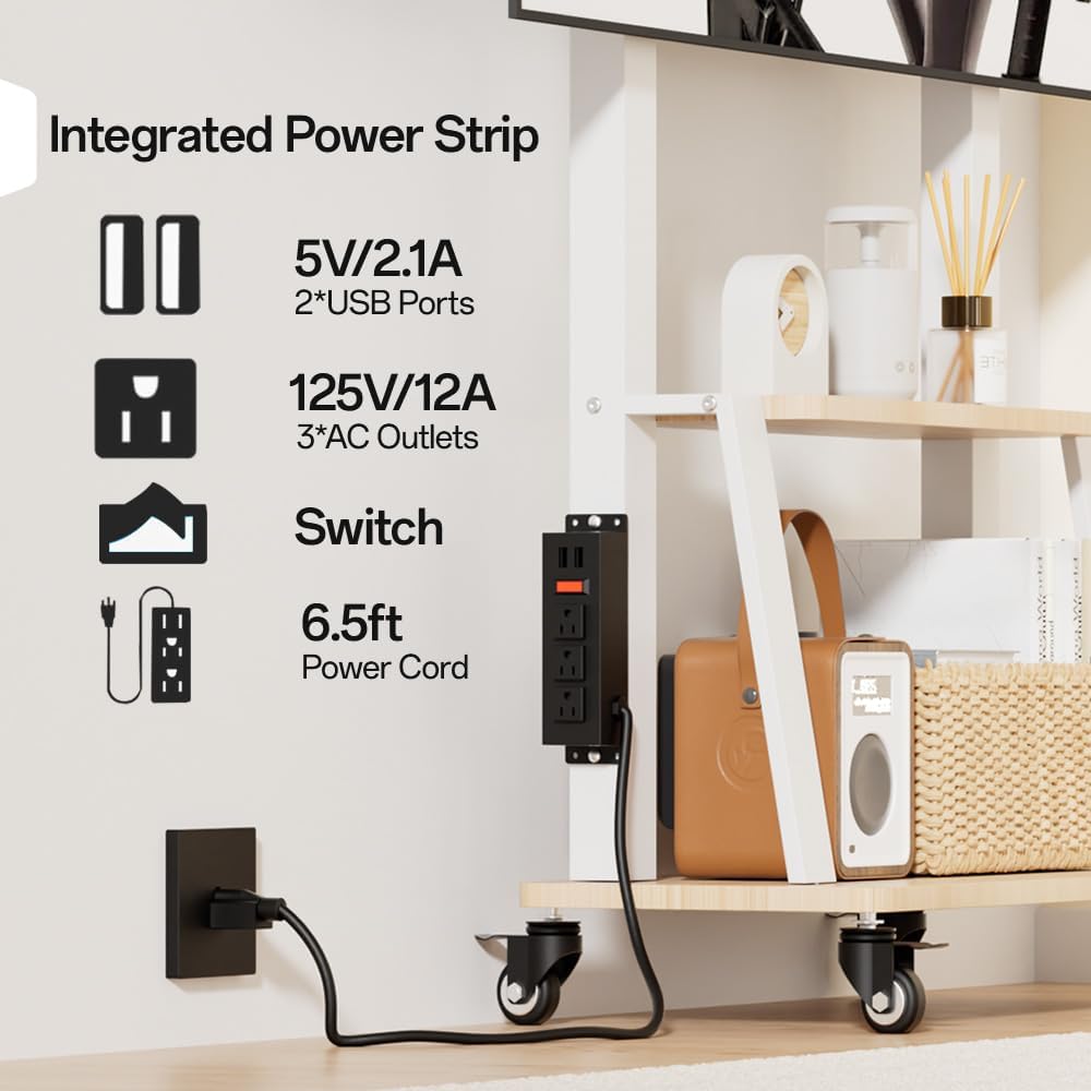 Mobile TV Stand with Power Outlet, Wood Shelf Portable TV Stand on Wheels for 32 to 55 65 70 75 inch Television, Height Adjustable White TV Cart, Holds up to 130LBS, Vesa 600×400mm.