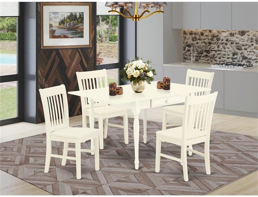 East West Furniture MZNO5-LWH-W 5 Piece Kitchen Table & Chairs Set Includes a Rectangle Dining Table with Dropleaf and 4 Dining Room Chairs, 36x54 Inch, Linen White