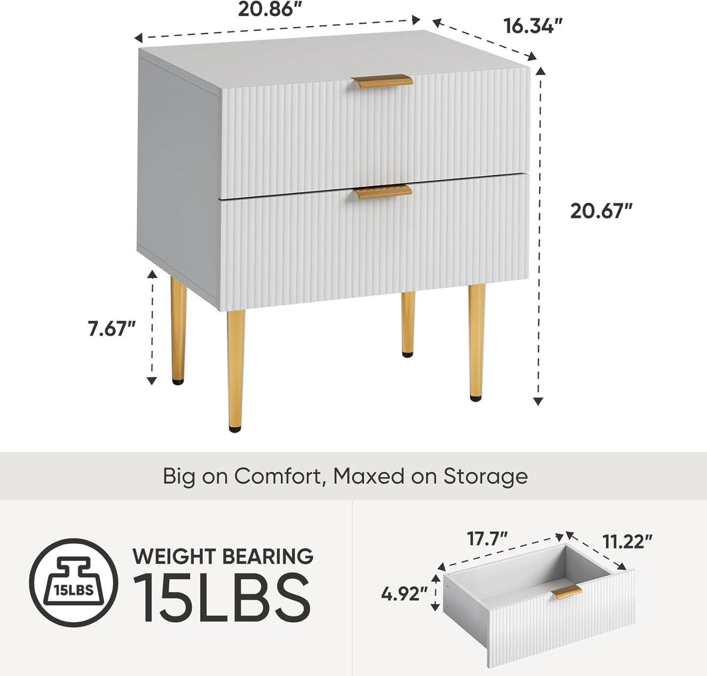 Set of 2 Nightstand, White Mid Century Modern Night Stand with Fluted Panel, Bedside Table with 2 Drawer, Large NightStand with Gold Leg for Bedroom