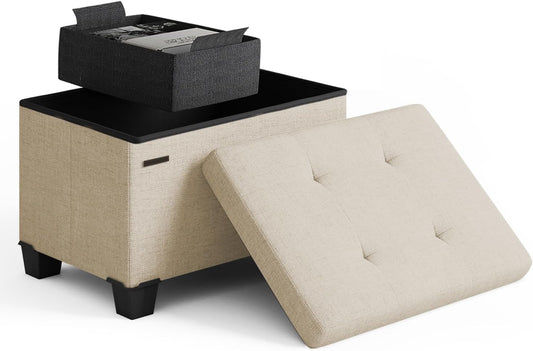 STORAGEBUD Storage Ottoman Cube with Small Bin, 16-in Square Ottoman with Storage for Living Room and Bedroom, Small Ottomans Foot Rest, Fabric Foot Stools Ottomans Max 330lbs, Beige