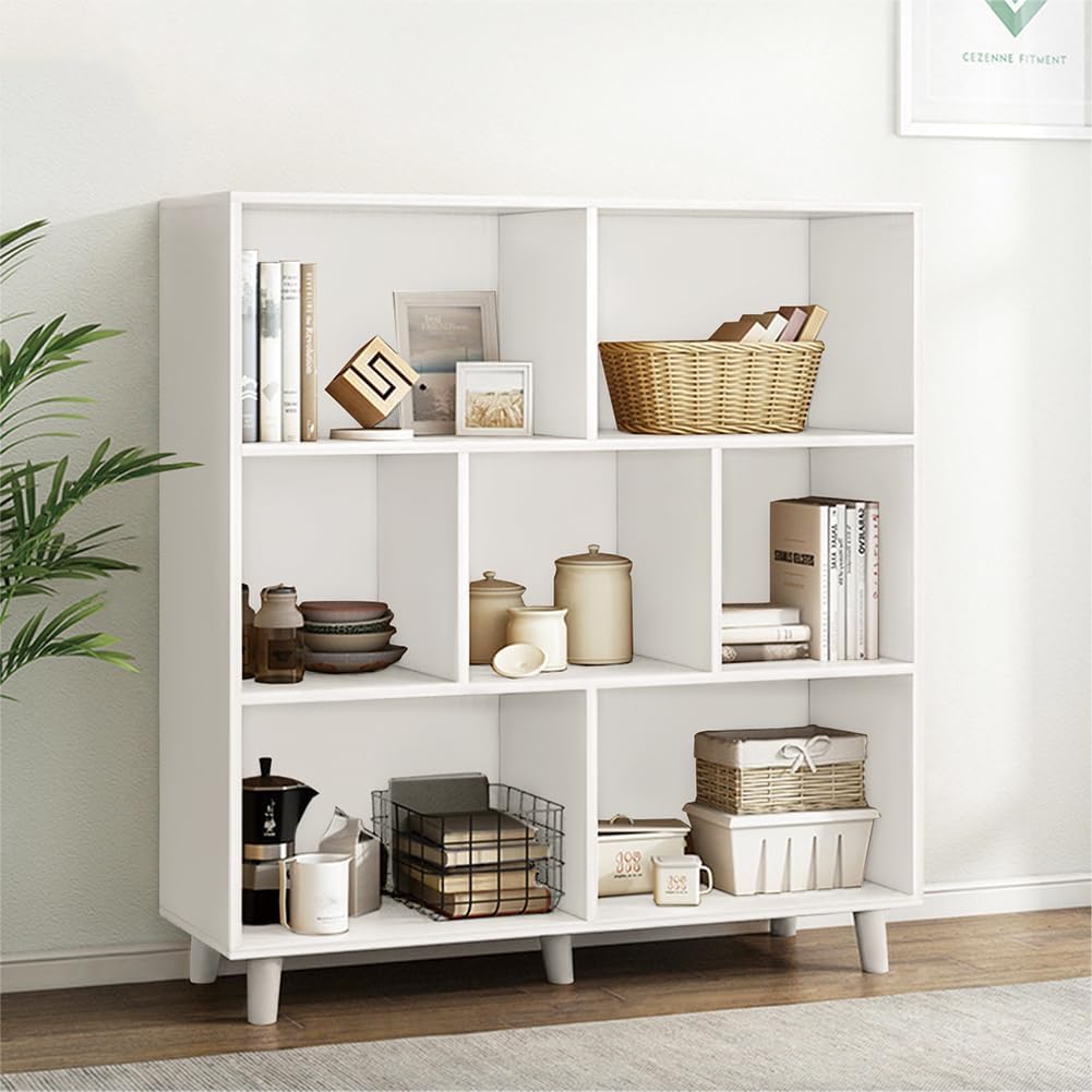 IOTXY Open Cube Low Bookcase - 3-Tier Freestanding Storage Display Cabinet Organizer with Legs for Home Office, 7-Cubes Open Shelf Short Bookshelf, White