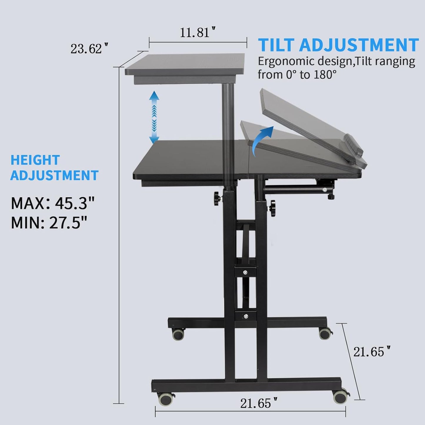 Hadulcet Mobile Standing Desk with Charging Station, Adjustable Standing Computer Desk, Standing Adjustable Laptop Cart with Wheels for Home Office Classroom Black