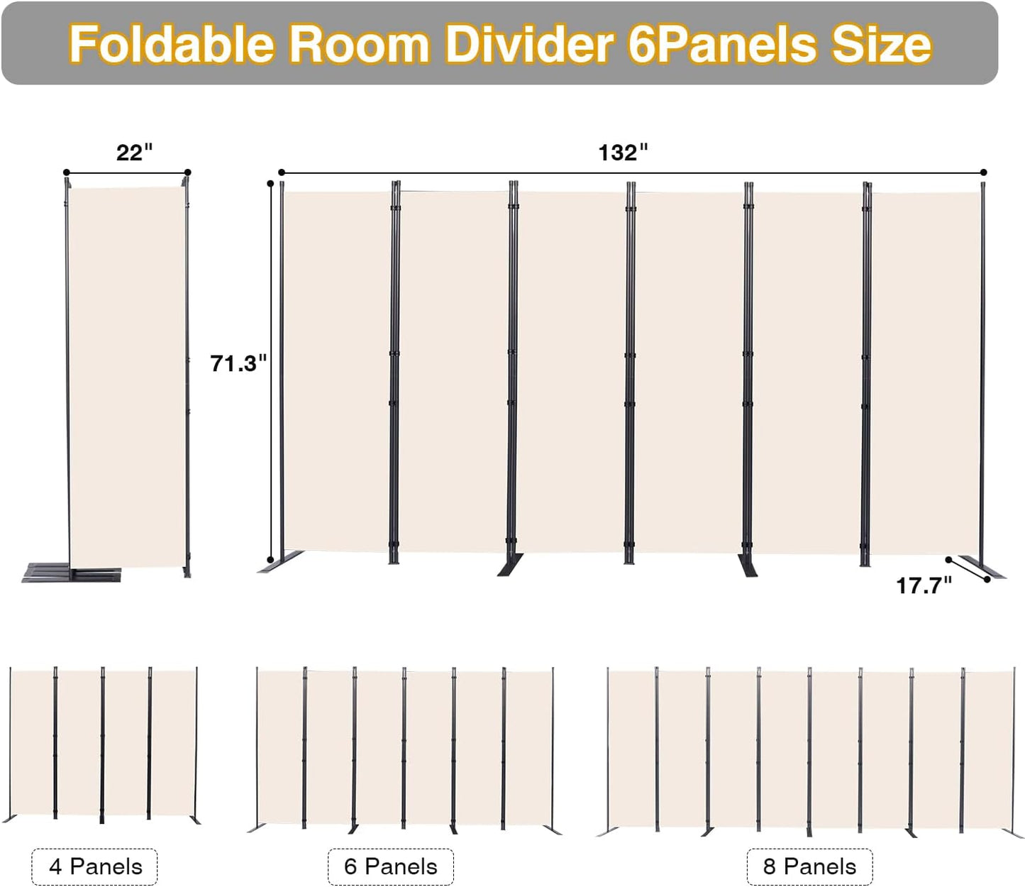 Room Divider, 6 Panel Folding Privacy Screens with Wider Support Feet, 6 Ft Portable Room Partition for Room Separator, 132" W X 71" H, Beige