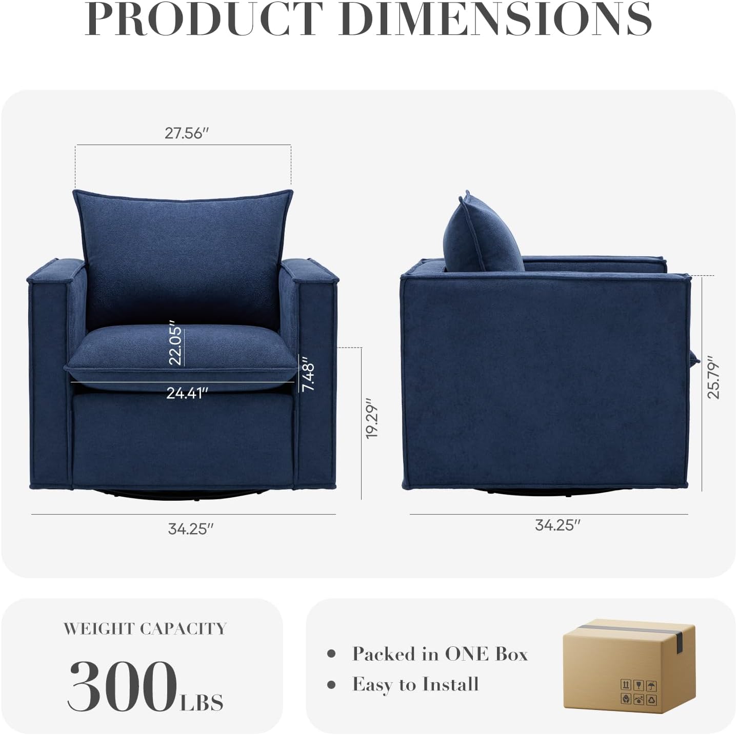 Swivel Accent Chair Set of 2, 34 Inches Wide Upholstered Arm Chair with Plump Back Pillow, Modern Sofa Living Room Chair for Bedroom, Corner, Reading Nook-Blue