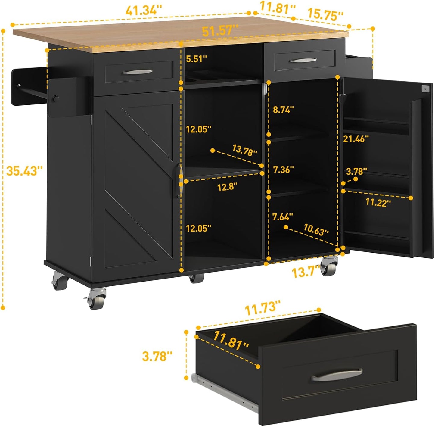 51.5'' Rolling Kitchen Island with Storage Cabinet & Drawers, Drop Leaf Kitchen Cart on Wheels, Farmhouse Portable Mobile Islands, Large Butcher Block Table with Tower/Spice Rack, Black