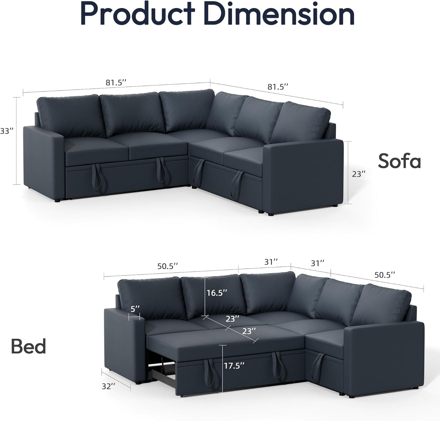 Sleeper Sofa Bed, Modular Sectional Couch with Pull Out Bed, L Shaped Sectional Convertible SofaBed with Storage Seat, for Living Room Apartment Bedroom Office Dark Gray Linen