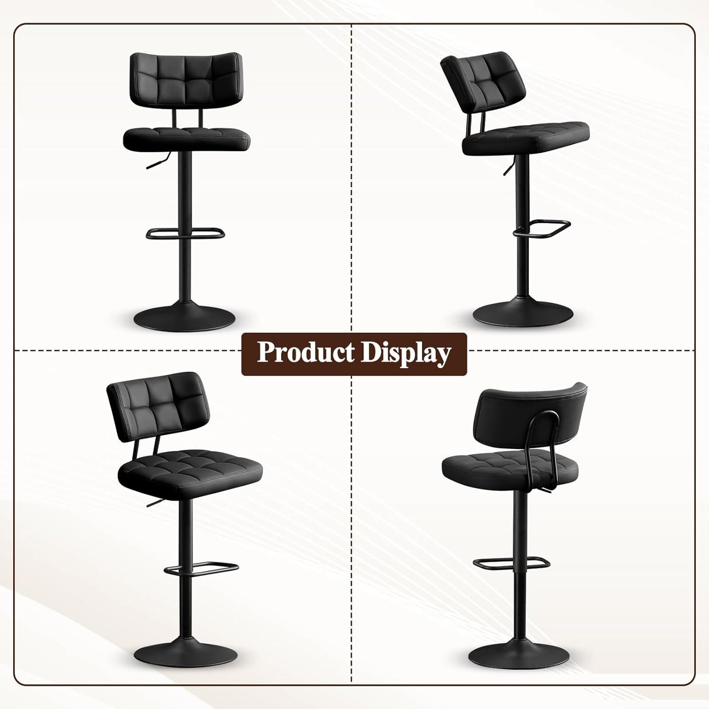 Furniliving Modern Bar Stools Set of 2 Faux Leather, Upholstered Swivel Barstools with Back, Adjustable Bar Chairs Counter Height for Kitchen Island, Dining Space, Black