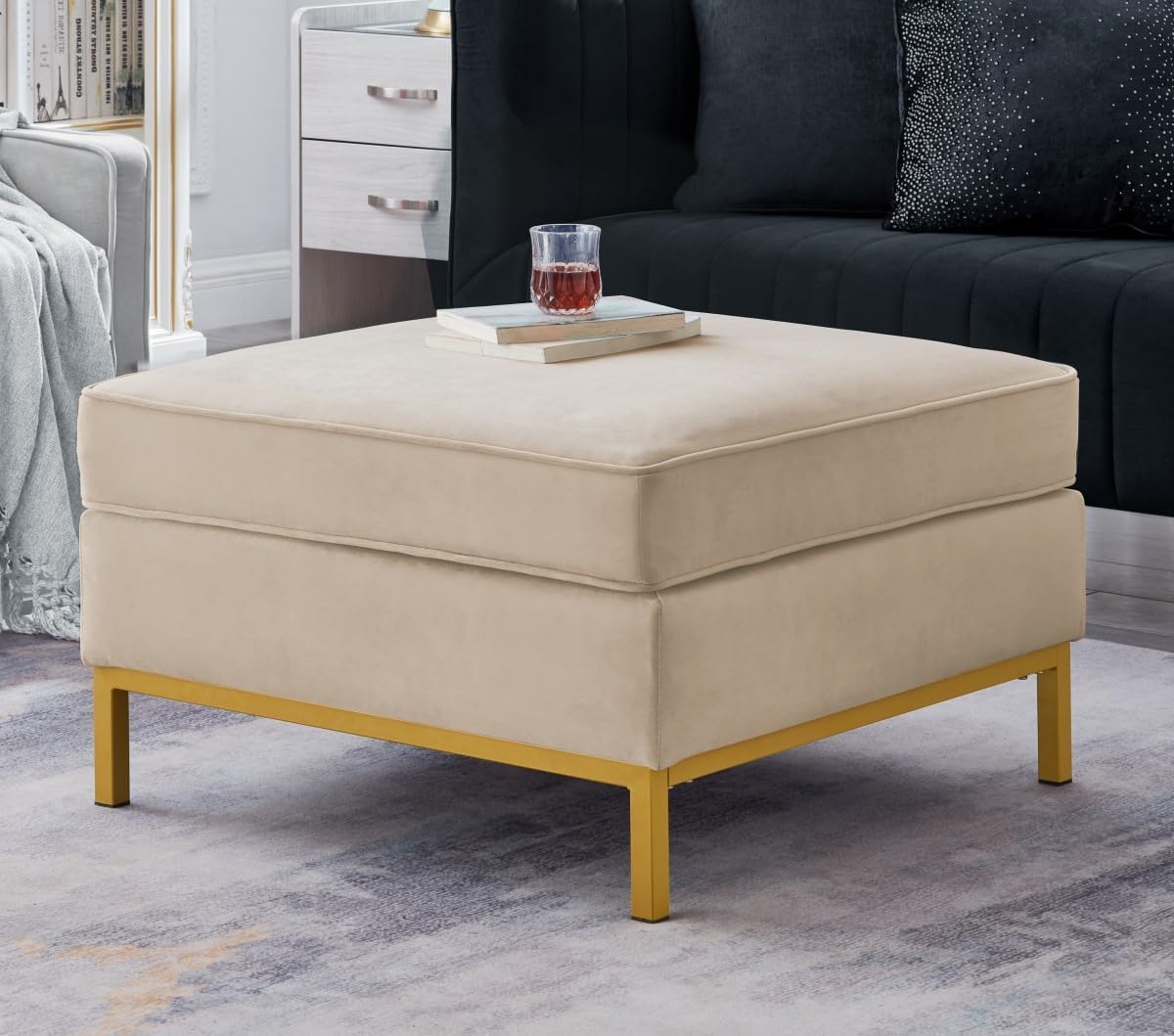 24KF Large Square Couch Ottoman for Living Room, Upholstered Velvet Padded Cushion Ottoman Table,Large Foot Rest,Taupe