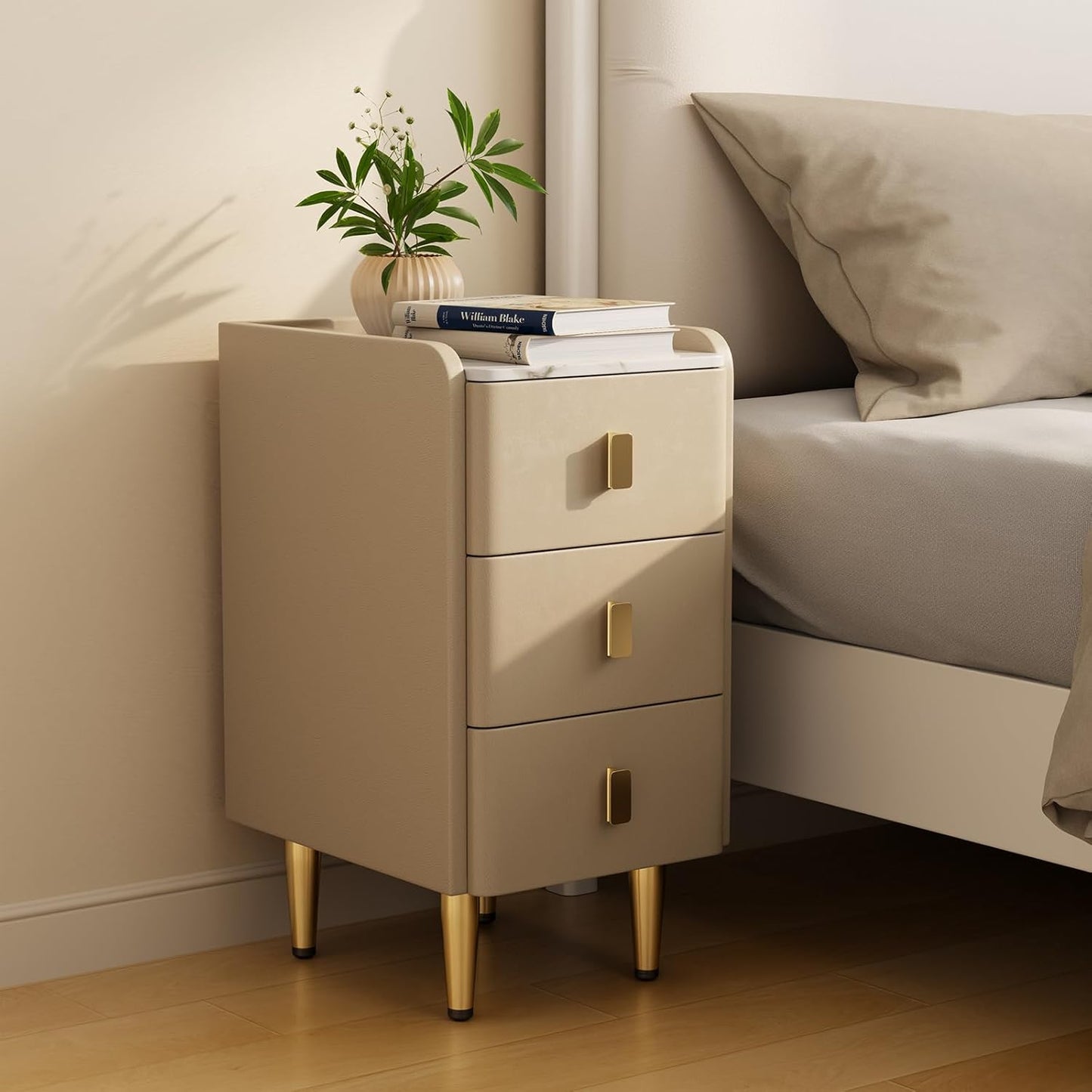 Narrow Nightstand with Drawers, Narrow Side Table Leather, Small Bedside Tables for Bedroom. (Beige)