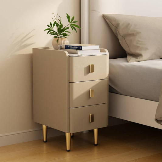 Narrow Nightstand with Drawers, Narrow Side Table Leather, Small Bedside Tables for Bedroom. (Beige)