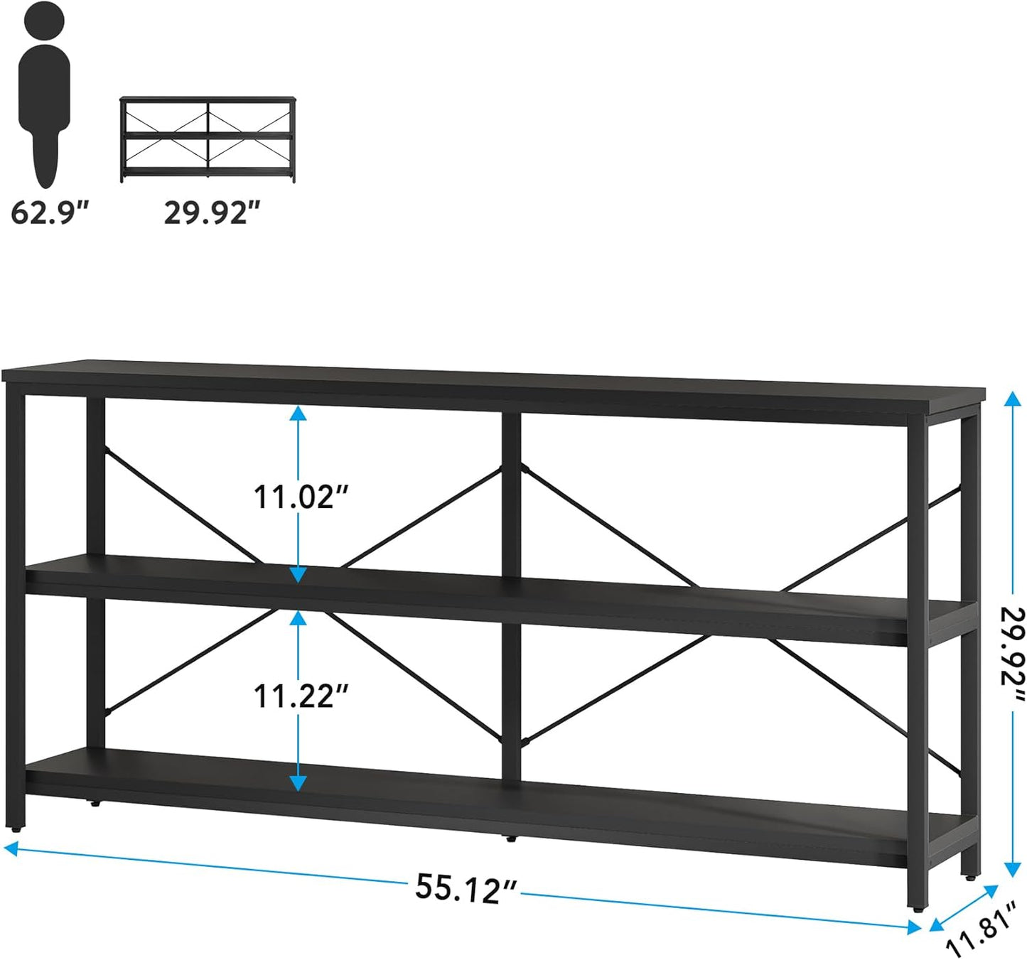 Tribesigns Sofa Table, 3 Tiers TV Console TV Stand Long Sofa Table with Storage Shelves for Hallyway, Living Room, 55 Inch