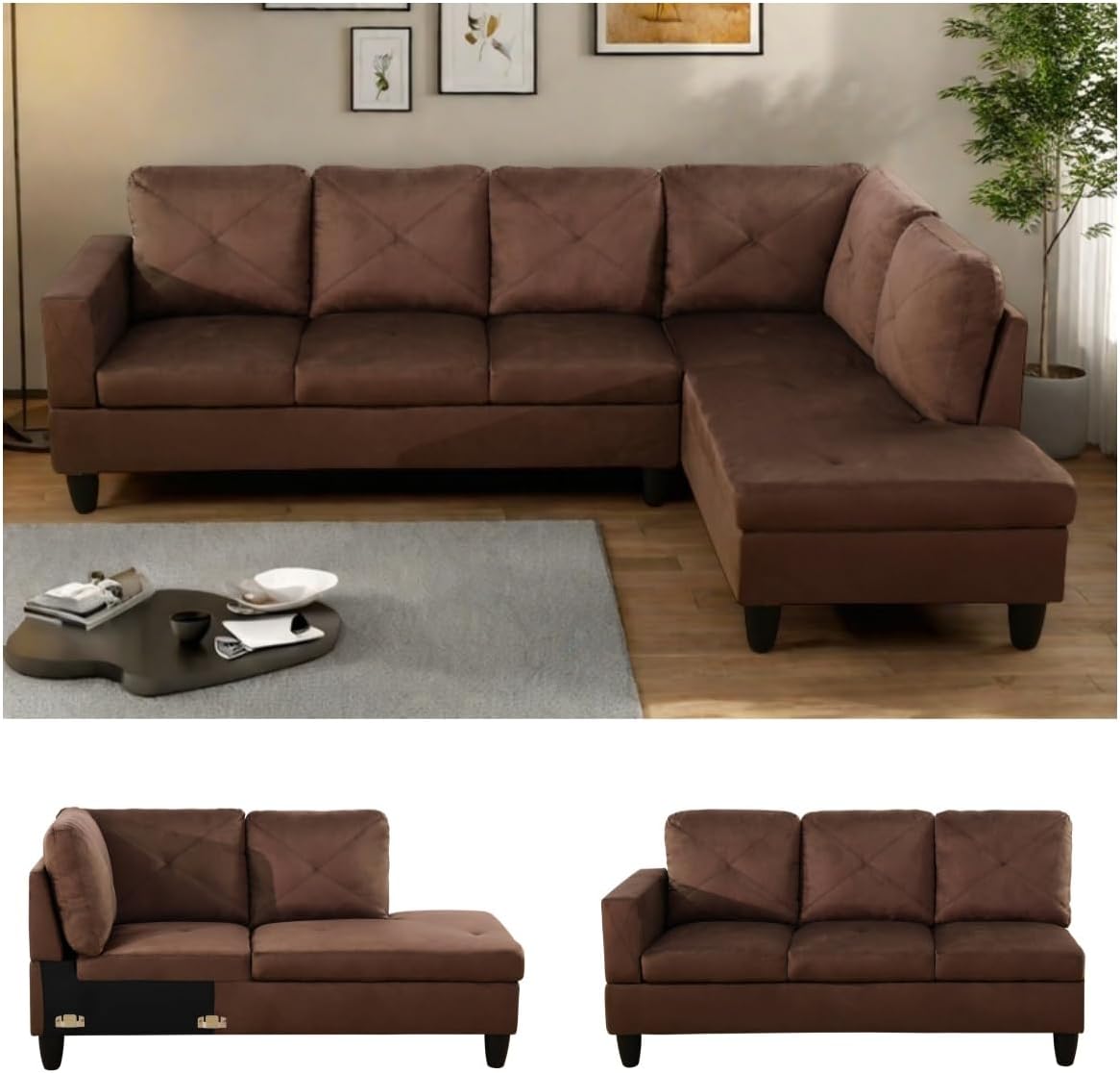 NAYSAYE L Shaped Couch, Modular Sectional Couch with Ottoman Storage, Modern Lounge Sofa Convertible Sectional Couches for Living Room, Apartment, Brown