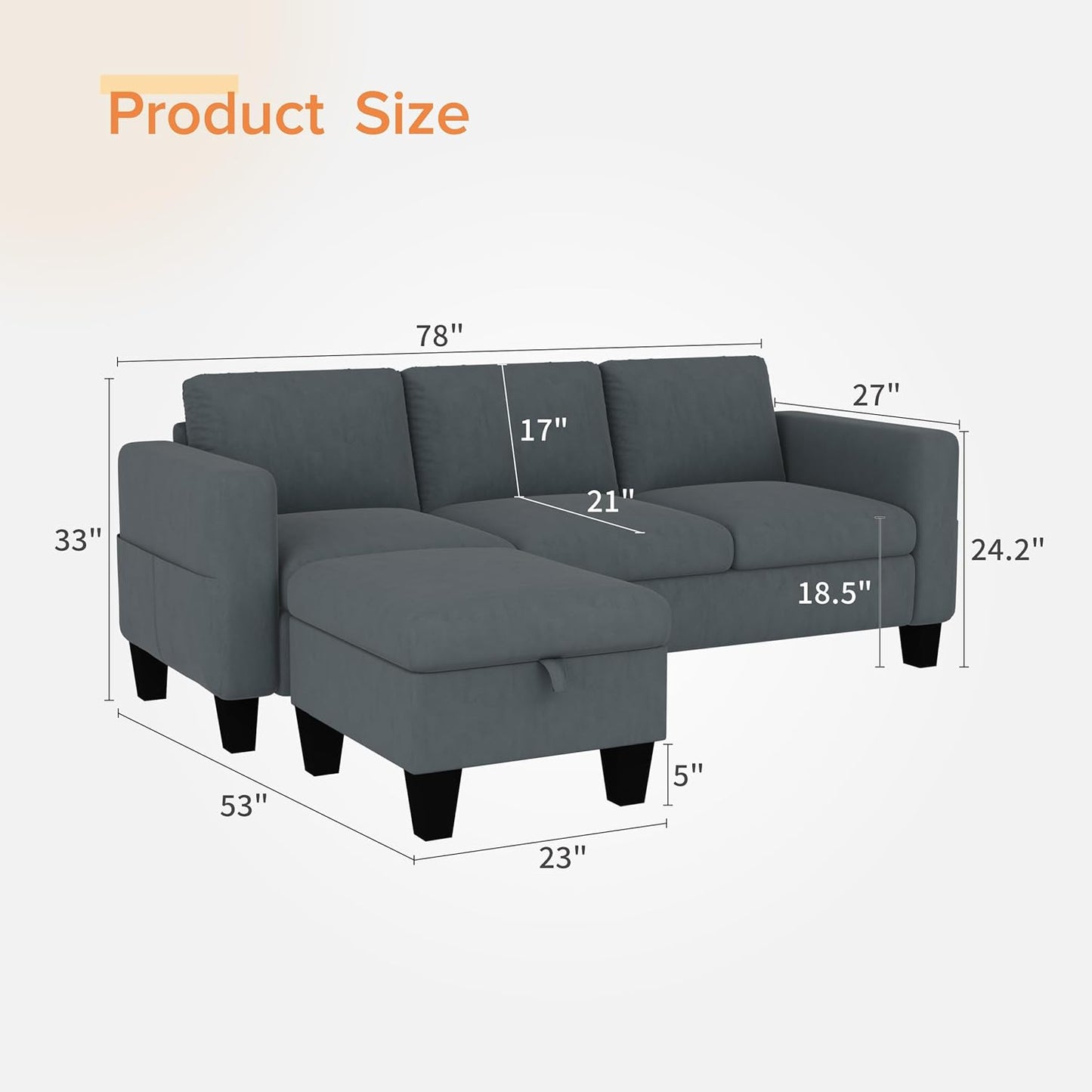 ZeeFu Convertible Sectional Sofa Couch,Classic 3 Seat L-Shaped Sofa with Movable Ottoman, Modern Dark Grey Velvet Fabric Upholstered Small Sectional Sofa Couch for Small Apartment Living Room Office