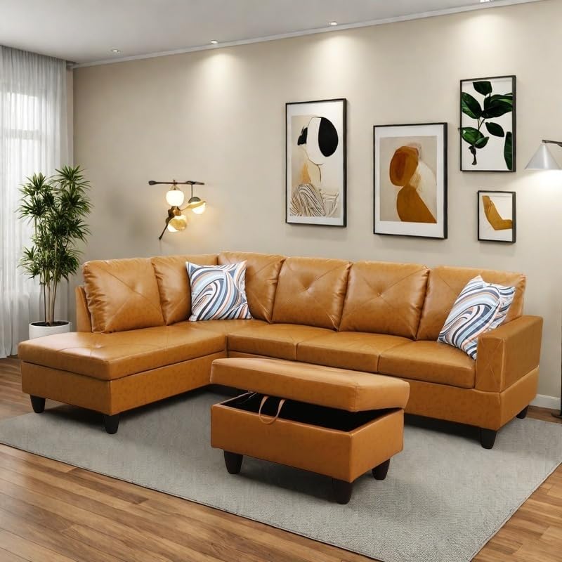 NAYSAYE L Shaped Couch, Leather Modular Sectional Couch with Ottoman Storage, Modern Lounge Sofa Convertible Sectional Couches for Living Room, Apartment, Ginger