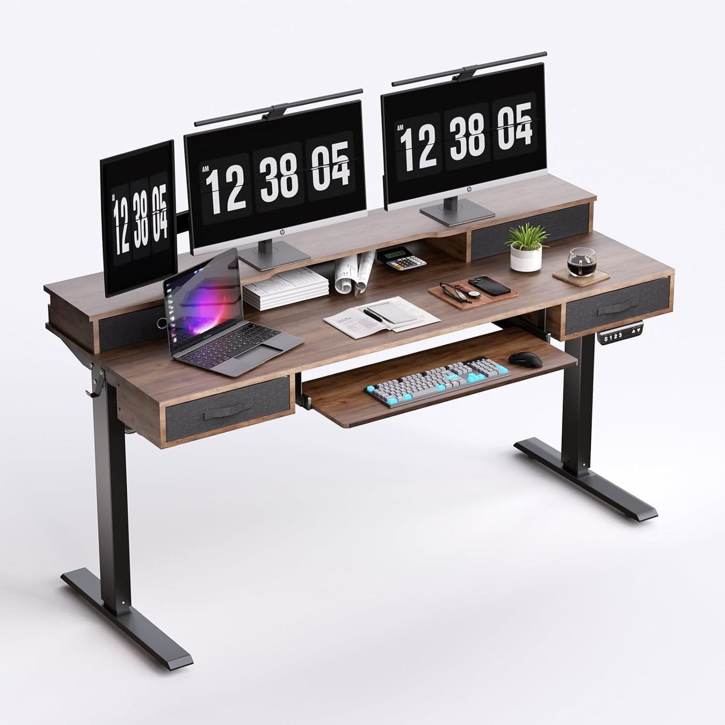 Standing Desk, 63" Adjustable Desk, Multifunctional Electric Standing Desk with 4 Drawers, Ergonomic Height Adjustable Desk with Keyboard Tray, Rustic Brown