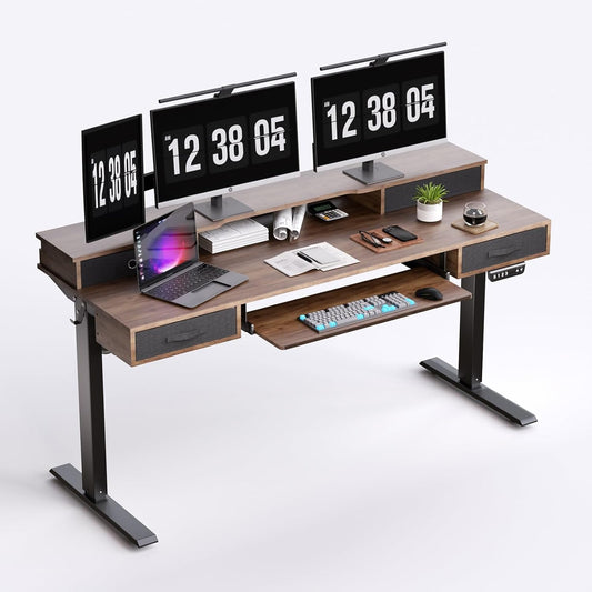 Standing Desk, 63" Adjustable Desk, Multifunctional Electric Standing Desk with 4 Drawers, Ergonomic Height Adjustable Desk with Keyboard Tray, Rustic Brown