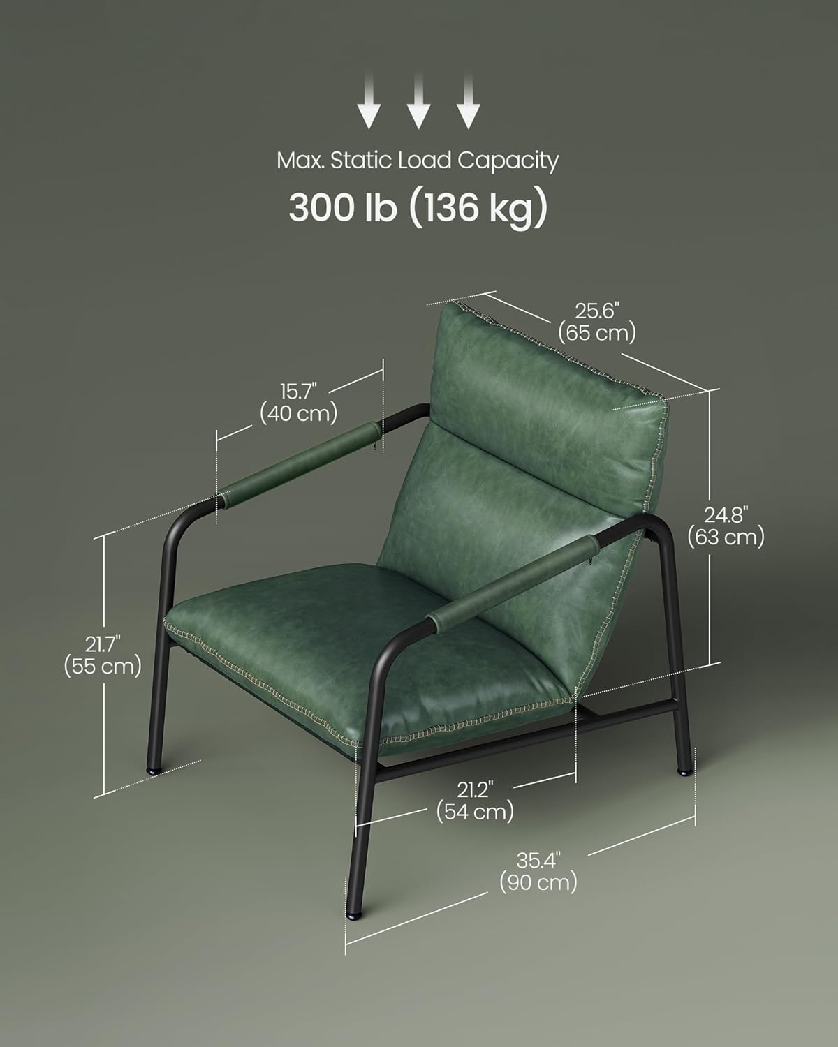 VASAGLE EKHO Collection - Accent Chair, Metal Framed Armchair, Synthetic Leather with Stitching, Mid-Century Modern, Sling Chair for Living, Bedroom, Reading Room, Lounge, Forest Green ULAC014C01