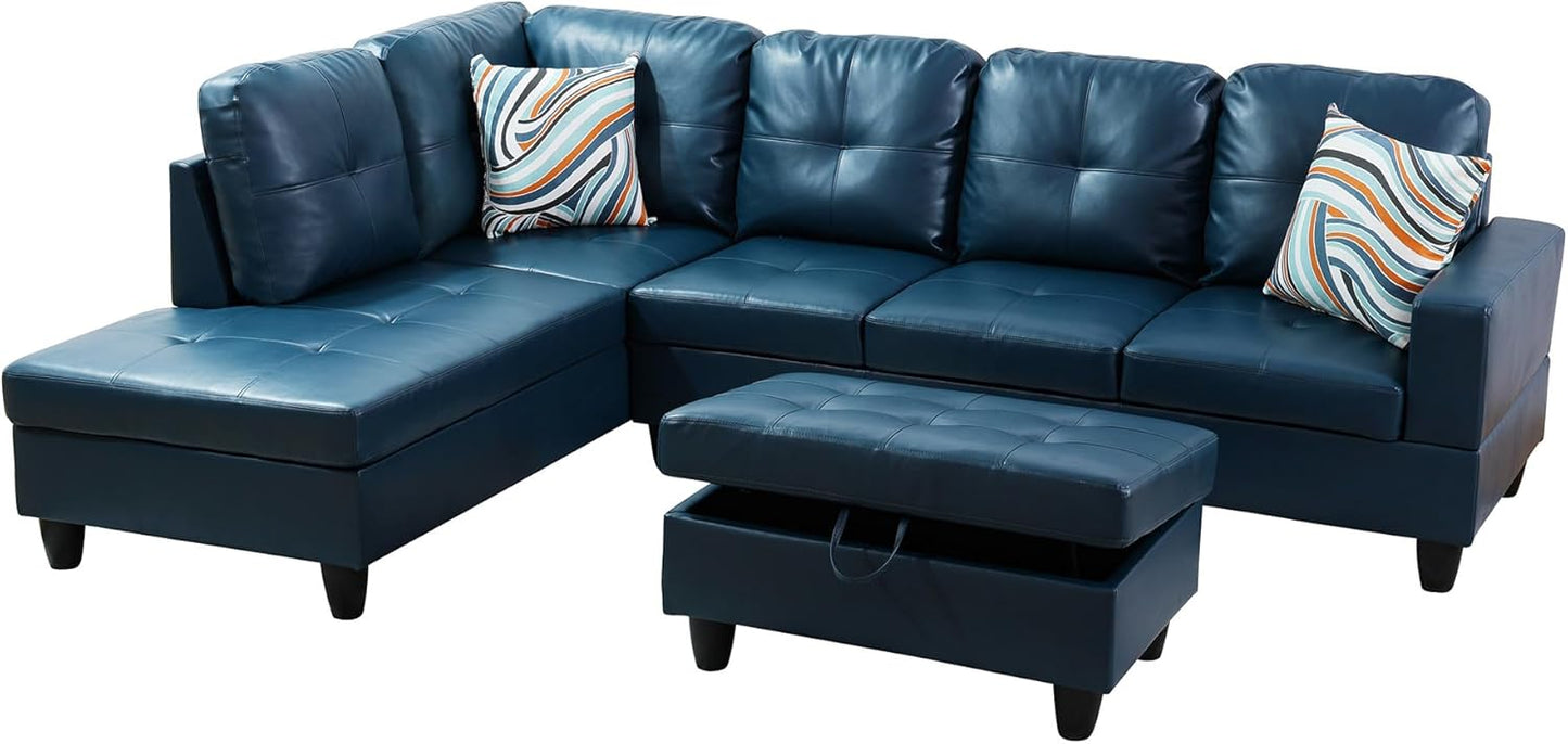 Osparple Sectional Couches for Living Room PU Leather L Shaped Couch 3 Pieces Modular Sectional Sofa with Storage Ottoman for Living Room and Small Apartment, Peacock Blue