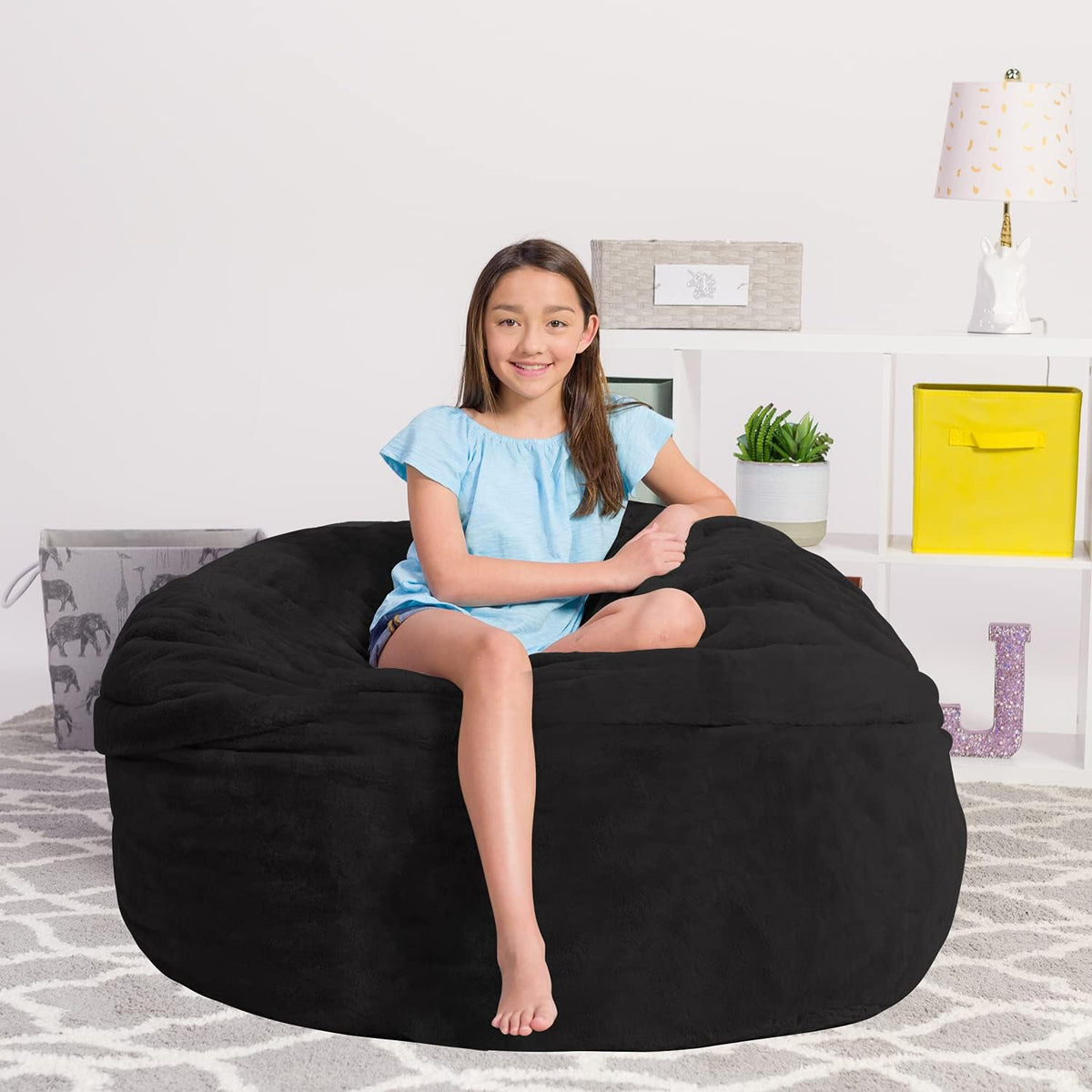 Chill Sack Bean Bag Chair - 5' Giant Memory Foam Lounge Chair with Soft Microfiber Cover – Cozy Furniture for Living Room, Dorm, & Kids' Rooms – Comfortable 5 Ft, Faux Rabbit Fur Lounge Sofa, Black