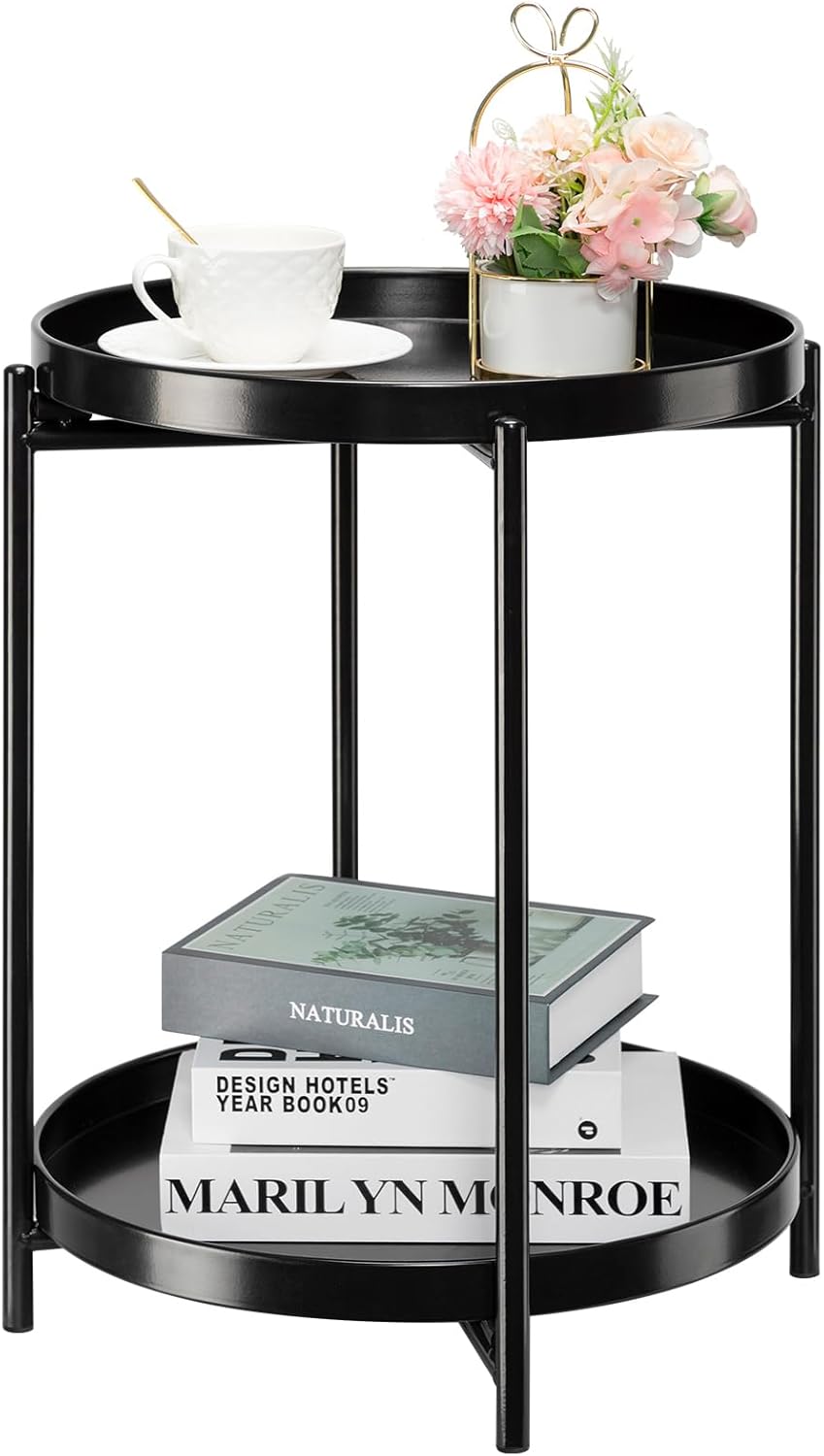 danpinera 2-Tier Round Side Table, Metal End Table with Removable Tray, Small Outdoor Table Accent Table, Anti-Rust Black Nightstand for Bedroom Balcony Patio (Black)