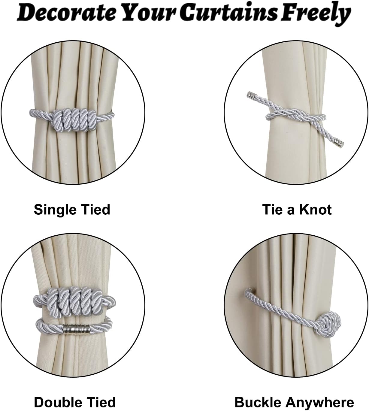 BEL AVENIR Magnetic Curtain Tiebacks, Decorative Drapery Holdbacks Modern Woven Tie-Backs with Exquisite Knot (Sliver, 4 Pack)