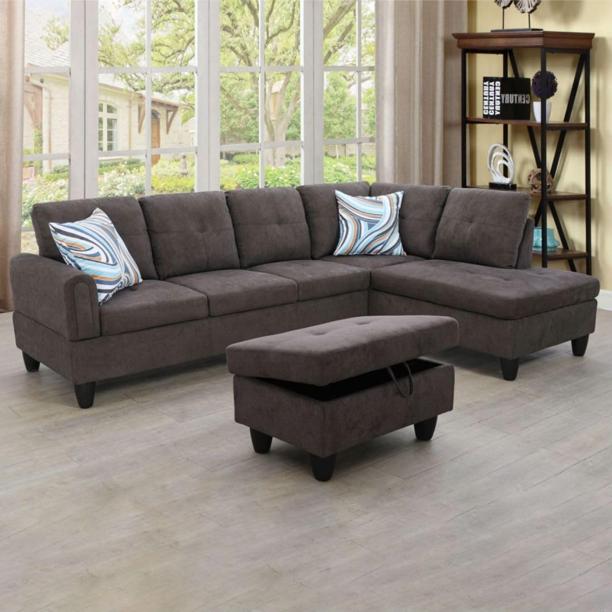 Dark Brown L-Shaped 3-Piece Flannel Sofa with Storage Ottoman Set, Sectional Couch Sofa Set for Living Room, Office, Small Space