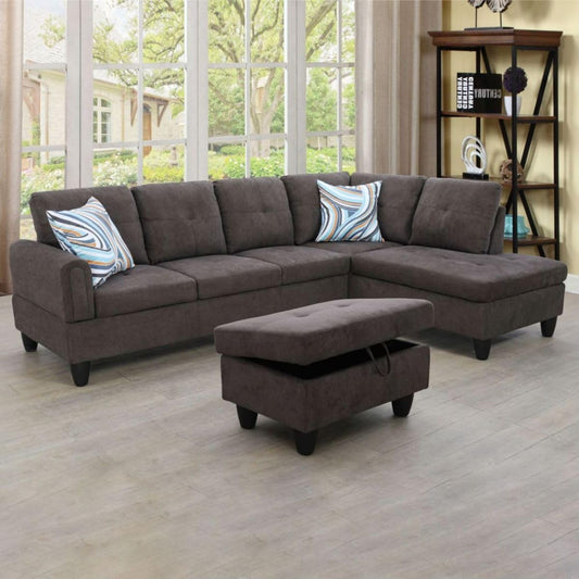 Dark Brown L-Shaped 3-Piece Flannel Sofa with Storage Ottoman Set, Sectional Couch Sofa Set for Living Room, Office, Small Space