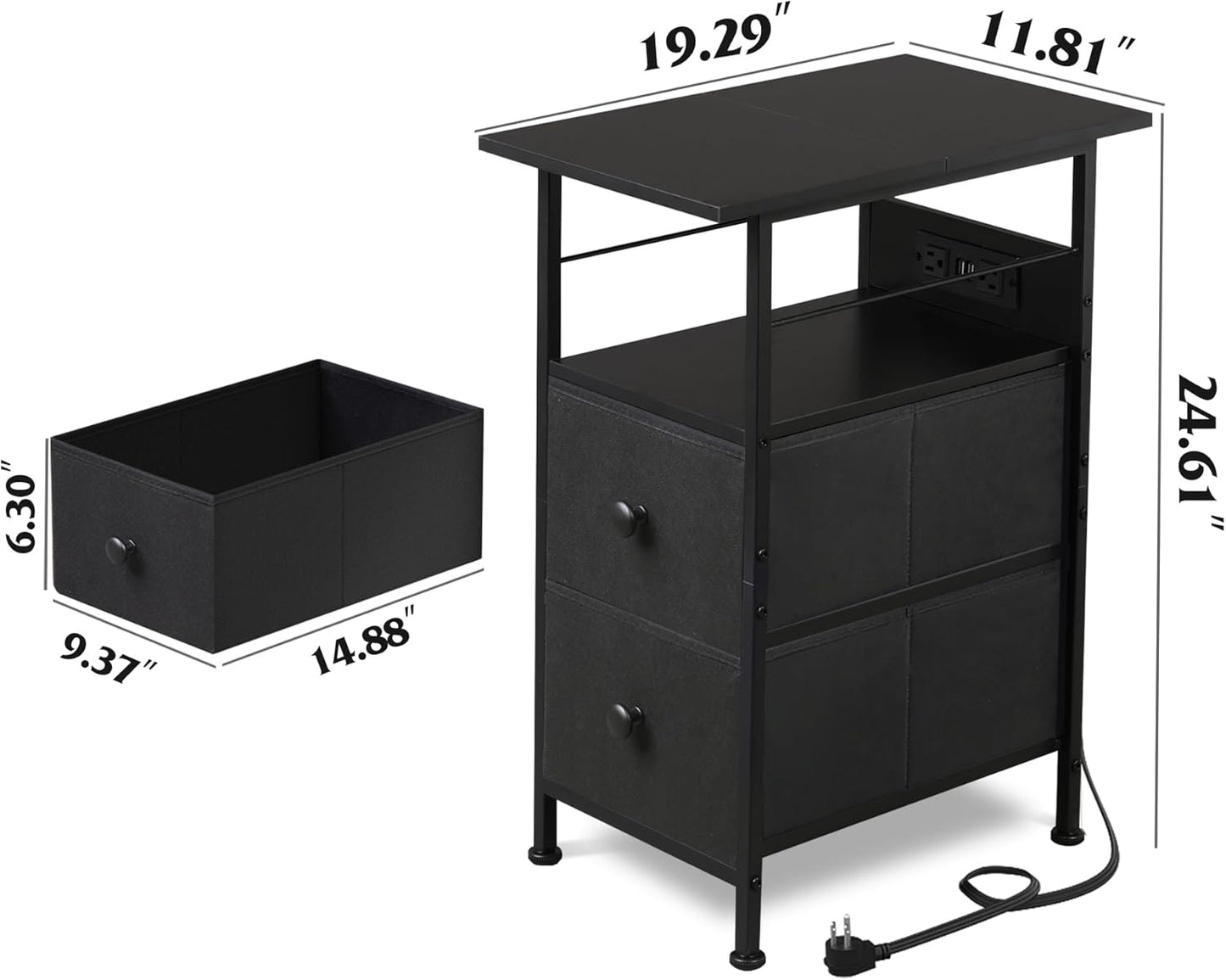WLIVE Narrow Side Table with Charging Station, End Table with LED Light, 2 Fabric Drawers and Open Shelf, Black Bedside Tables Living Room, Small Space, Bedroom, Night Stand with Charger Station