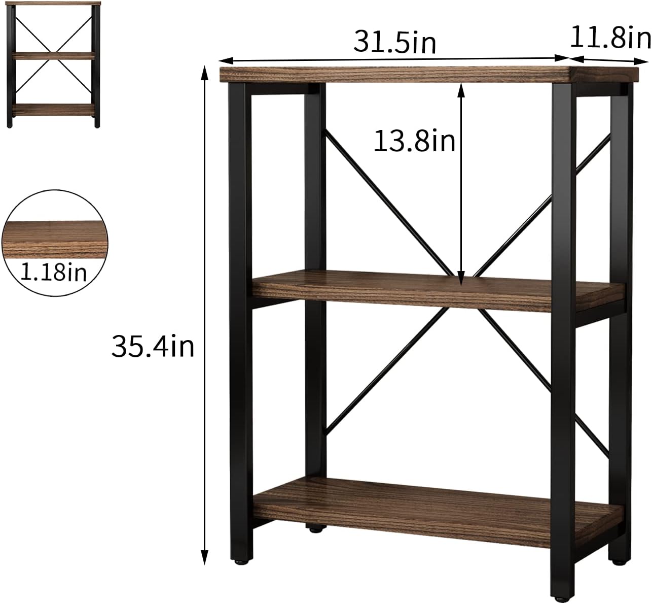 3 Tier Industrial Solid Wood Bookcases, Open Etagere Bookshelf with Metal Frame, Rustic Wood and Metal Shelving Storage Organizer for Living Room Book Shelves Furniture (AY01-3tier)