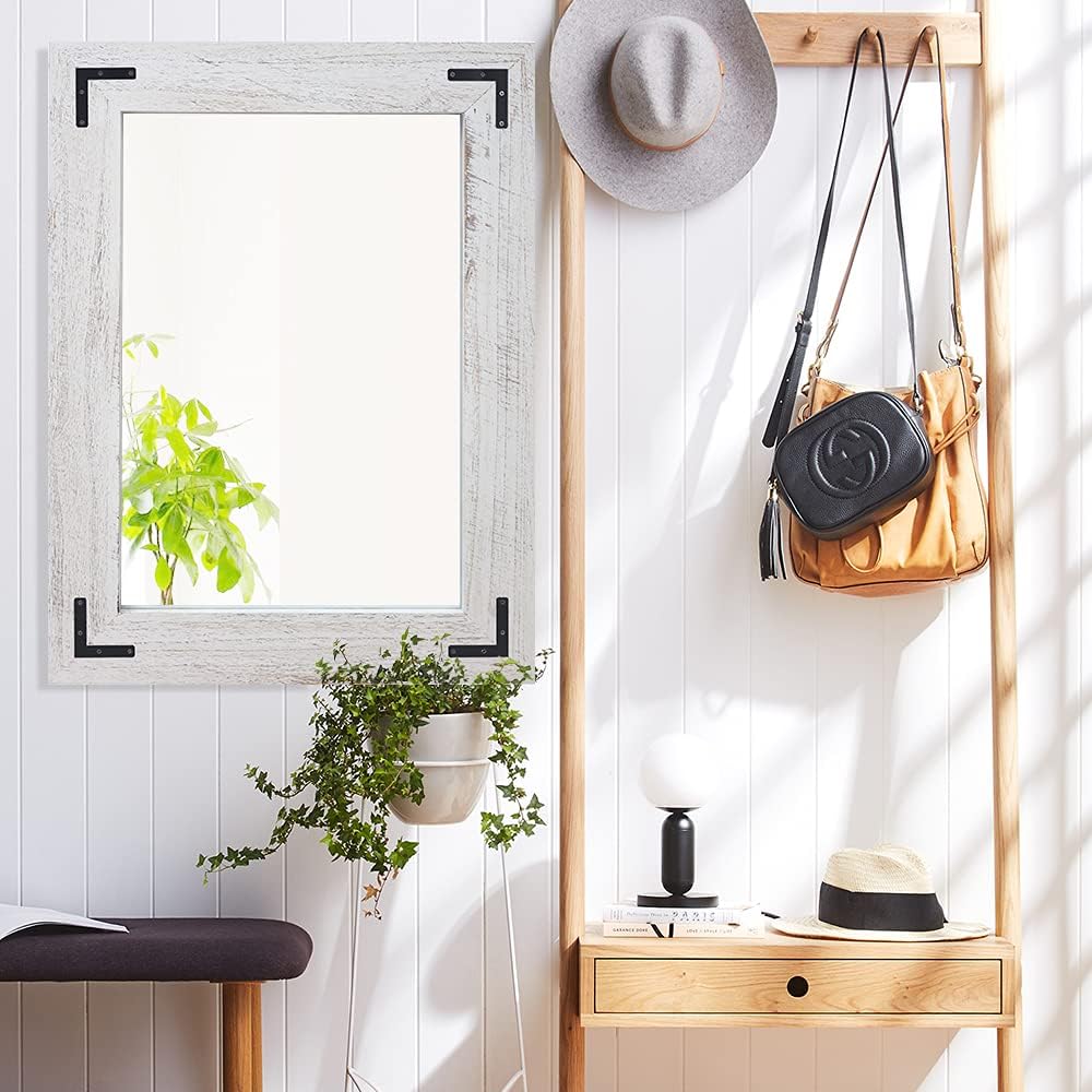 YOSHOOT Rustic Wooden Framed Wall Mirror, Natural Wood Bathroom Vanity Mirror for Farmhouse Decor, Vertical or Horizontal Hanging